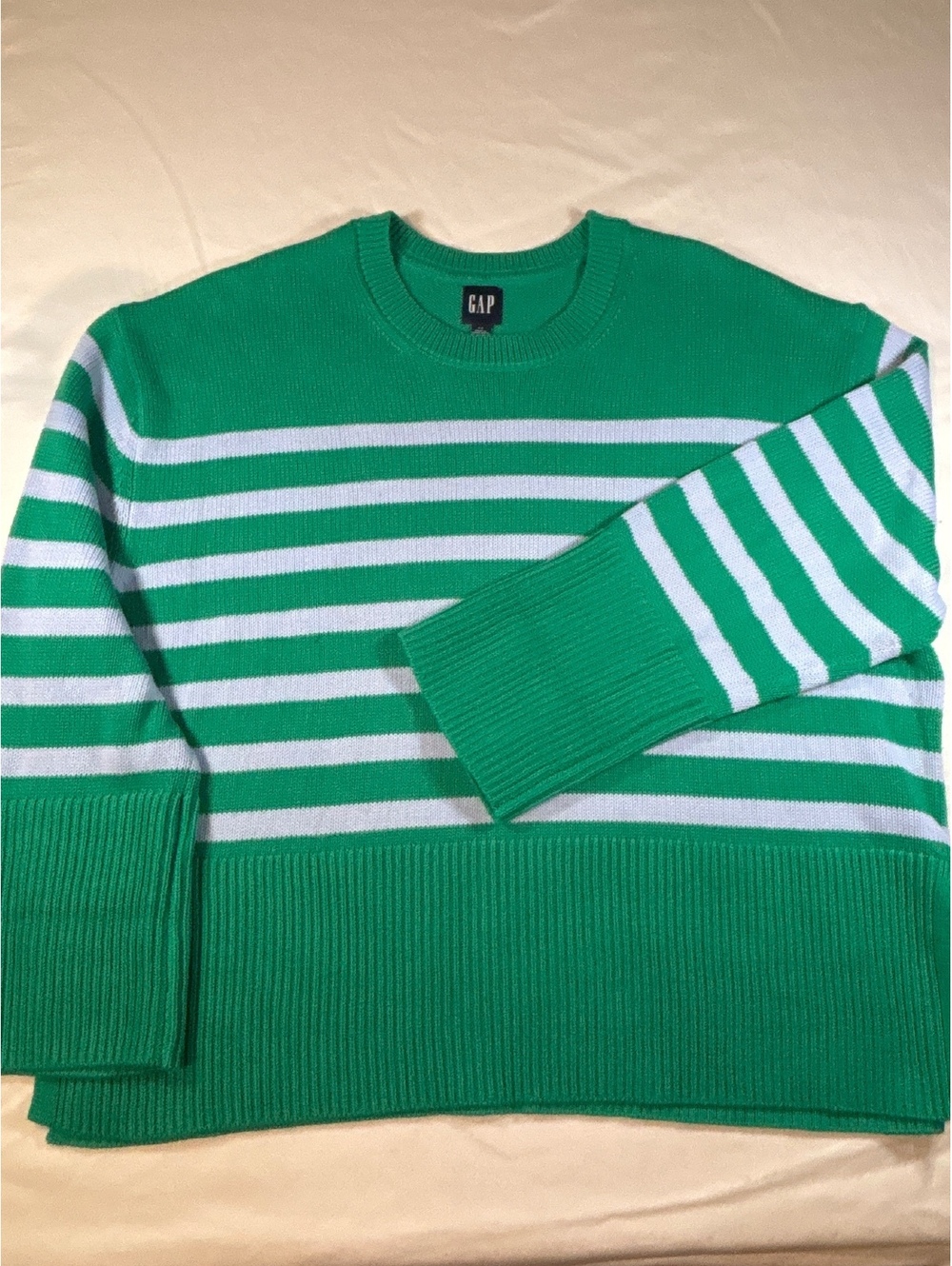 GAP Green White Striped 100% Cotton Crewneck